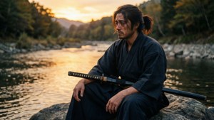 武士持刀在金色夕陽下坐在河邊