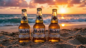 日落時分沙灘上的三瓶冰鎮Modelo啤酒。