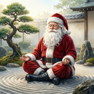 聖誕老人在一個有耙過的礫石和盆栽樹的日本花園中冥想。