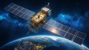 衛星環繞地球運行，帶有發光的城市燈光和星光熠熠的太空背景。