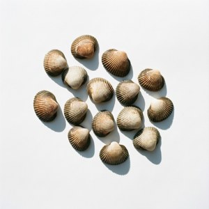 在白色背景上排列的鳥蛤殼收藏，帶有柔和陰影。