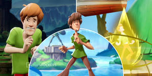 Scooby Doo 和 Shaggy 在動畫遊戲場景中，伴隨著幽靈般的人物和充滿活力的叢林設定。 — 電玩遊戲 GIF 壁紙