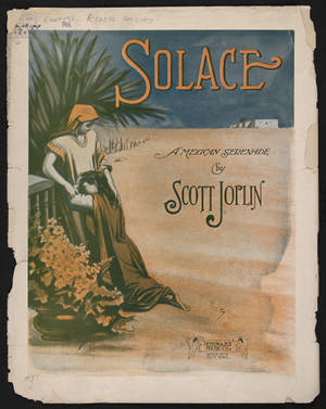 Scott Joplin 的 Solace 復古樂譜封面，陽台上有一位女子，周圍有棕櫚葉和花朵。 — 接龍 壁紙