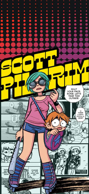 Scott Pilgrim 漫畫封面，青綠色頭髮的女孩手持球棒，男孩躲在她身後。 — 卡通 壁紙