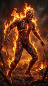 火焰惡魔般的人形生物在燃燒的荒原上行進。 — SCP 壁紙