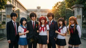 七位動漫學生穿著校服，在日落時分於學校門外擺姿勢。 — 人格面具 壁紙