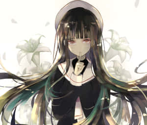 身穿護士服的動漫女孩，手指放在唇邊，身後有白色百合花。 — 櫻島麻衣 壁紙