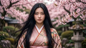 女子身穿花卉和服站在日本花園櫻花下