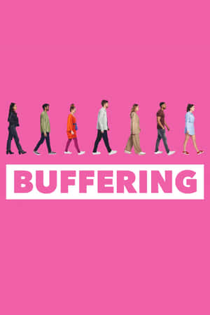 七個人在粉紅色背景上排成一排行走，帶有「buffering」一詞。 — Vivo Pad6 Pro 壁紙