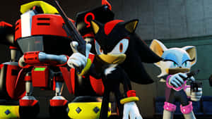 Shadow the Hedgehog 和 Rouge the Bat 在一個紅色機器人旁邊手持手槍。 — 蝙蝠車 壁紙