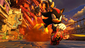 Shadow the Hedgehog 在一條燃燒的城市街道上奔跑，身後有爆炸。 — 音速小子 壁紙