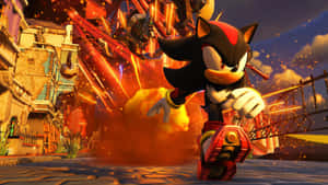 Shadow the Hedgehog 在一條燃燒的城市街道上奔跑，伴有爆炸。 — 音速小子 壁紙