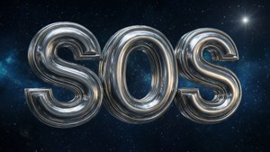 在繁星點點的太空背景上，以閃亮金屬字母顯示的SOS文字。