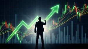 商人剪影指向金融數據顯示屏上的上升綠色箭頭。