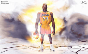 Shaquille O'Neal 身穿湖人隊球衣，在煙霧和破碎的地板背景下拿著籃球。 — 美學科比 壁紙