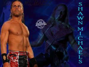 摔角手 Shawn Michaels 穿著紅色和黑色短褲，背景為發光藍色文字。 — 摔角 壁紙