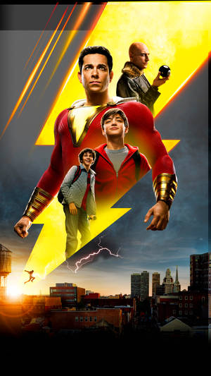 Shazam! 電影海報，四個角色在日落時分的城市上空。 — 漫畫 壁紙