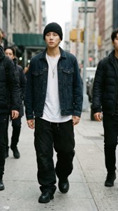 身穿牛仔外套和毛帽的年輕男子走在城市人行道上。
