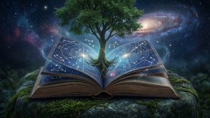 從一本打開的書中萌芽的樹，書中有星圖，背景是宇宙天空。