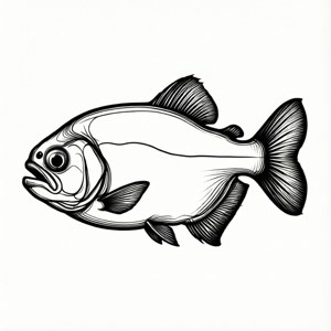 一條食人魚的黑白線條藝術插圖，具有鋒利的牙齒和流暢的魚鰭。