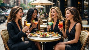 四位女性在戶外咖啡桌旁大笑並飲用雞尾酒。