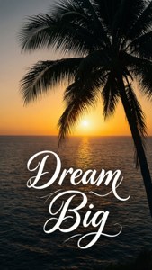 日落海面上的棕櫚樹剪影，附有 'Dream Big' 文字。