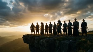 一群武士在夕陽下剪影於懸崖上，俯瞰群山。
