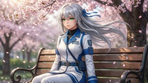 銀髮綠眼的動漫女孩穿著制服坐在櫻花下。