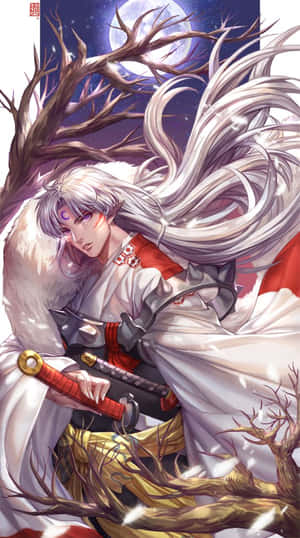 銀髮動漫戰士持劍，在雪林中的滿月下。 — 鹿丸 壁紙