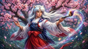 動漫狐妖在櫻花下用畫筆畫魔法