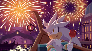 Silver the Hedgehog 在威尼斯夜晚的煙火下，在貢多拉上拿著棒棒糖。 — 銀刺蝟 壁紙