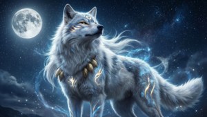 一隻在滿月星空下帶有發光符號的神秘銀狼。