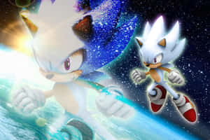 Silver 與 Sonic 在閃爍的宇宙隧道中穿過星空背景飛馳。 — 索尼克 壁紙