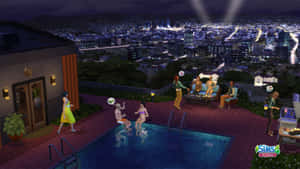 Sims 角色在屋頂泳池派對上享受城市燈光背景的樂趣。 — 酷炫遊戲 壁紙