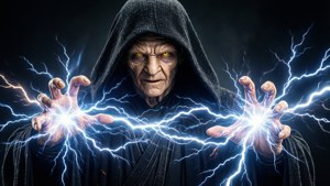 一個身穿黑袍、眼睛發出黃光的巫師在雙手之間引導電閃電。