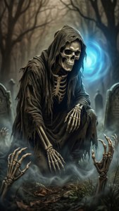 骷髏死神在墓地中，鬼手從發光藍色傳送門下的地面升起。