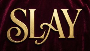 深酒紅色天鵝絨布料上，粗體金色字母拼寫出「SLAY」。