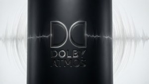 黑色 Dolby Atmos 喇叭，帶有白色背景上的聲波圖案