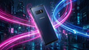Samsung手機在霓虹燈照亮的雨中漂浮在未來城市上空。