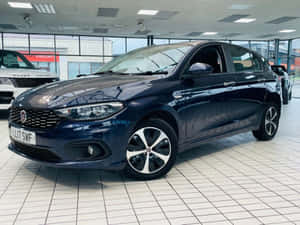深藍色Fiat Punto掀背車在汽車經銷商展示間中，地板為磁磚。 — 飛雅特 壁紙