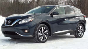 深藍色日產Murano SUV停泊在白雪覆蓋的冬季森林中。 — 日產 壁紙