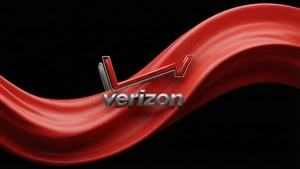 Verizon標誌配以流動紅色絲帶，黑色背景