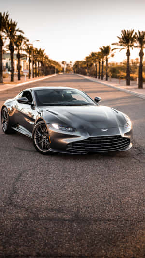 銀色 Aston Martin 跑車停泊在棕櫚樹成蔭的道路上，正值日落時分。 — 奧斯頓馬丁 壁紙