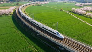 一輛高速列車穿過開滿櫻花的春景，行駛在橋樑上。