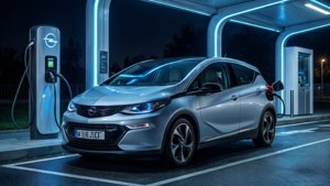 銀色電動車在藍色霓虹燈下連接到充電站（夜間）。