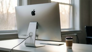 白色桌子上的銀色 iMac 電腦，配有咖啡杯和窗戶光線。