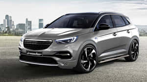 銀色 Irmscher SUV 停放在城市天際線前。 — 歐寶 壁紙