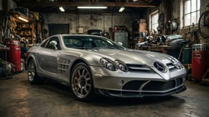 銀色 Mercedes SLR McLaren 在雜亂的車庫中，配有工具和復古設備。