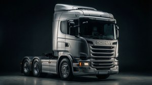 銀色Scania卡車駕駛室在攝影棚燈光下，背景黑暗。