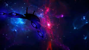 一艘未來風格的太空船飛過佈滿星星的彩色星雲。 — 木星 GIF 壁紙